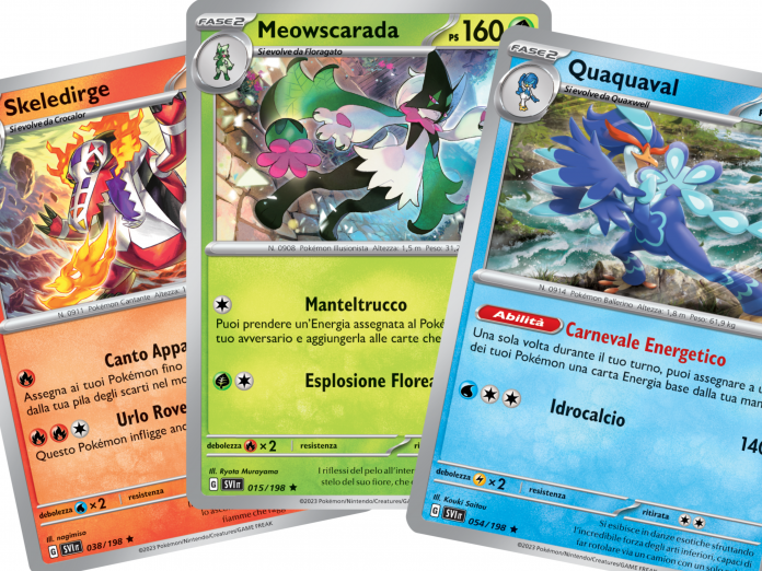 Carte Pokémon: ecco in anteprima Quaquaval, Skeledirge e Meowscarada